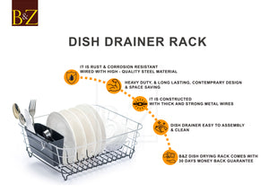 B&Z Rust Proof Plastic Coated Small Dish Drying Rack - Chrome & Black with Removable Utensil Holder Cutlery Tray | Anti Rust Over the Sink Dish Rack - 36 x 32.5 x 13.2cm