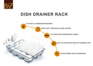Extra Large Dish Drainer Rack | Single Tier, Rust Proof, Heavy Duty, Plastic Coated, Spacious, White Utensil Cutlery Holder for Kitchen | Mat Black (48 x 37.5 x 11.5cm)