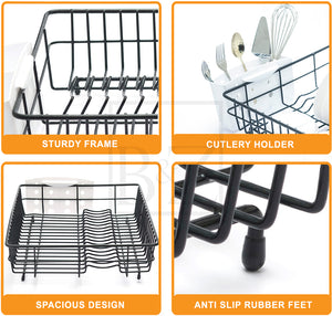 Extra Large Dish Drainer Rack | Single Tier, Rust Proof, Heavy Duty, Plastic Coated, Spacious, White Utensil Cutlery Holder for Kitchen | Mat Black (48 x 37.5 x 11.5cm)