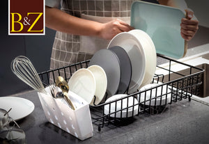 Extra Large Dish Drainer Rack | Single Tier, Rust Proof, Heavy Duty, Plastic Coated, Spacious, White Utensil Cutlery Holder for Kitchen | Mat Black (48 x 37.5 x 11.5cm)