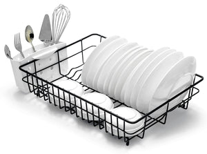Extra Large Dish Drainer Rack | Single Tier, Rust Proof, Heavy Duty, Plastic Coated, Spacious, White Utensil Cutlery Holder for Kitchen | Mat Black (48 x 37.5 x 11.5cm)