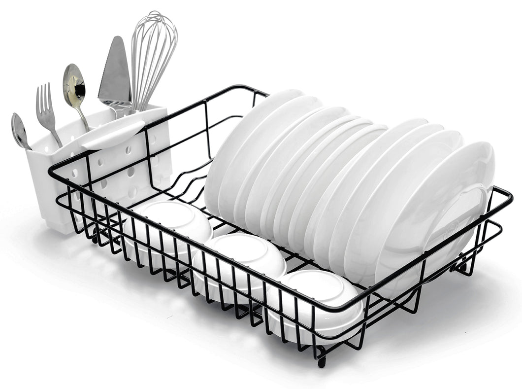 Extra Large Dish Drainer Rack | Single Tier, Rust Proof, Heavy Duty, Plastic Coated, Spacious, White Utensil Cutlery Holder for Kitchen | Mat Black (48 x 37.5 x 11.5cm)