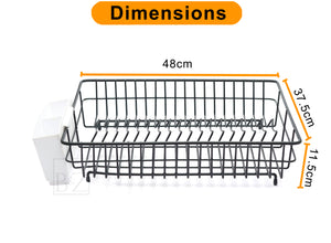 Extra Large Dish Drainer Rack | Single Tier, Rust Proof, Heavy Duty, Plastic Coated, Spacious, White Utensil Cutlery Holder for Kitchen | Mat Black (48 x 37.5 x 11.5cm)