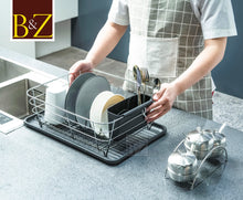 Load image into Gallery viewer, B&amp;Z Rust Proof Plastic Coated Small Dish Drying Rack - Chrome &amp; Black with Removable Utensil Holder Cutlery Tray | Anti Rust Over the Sink Dish Rack - 36 x 32.5 x 13.2cm
